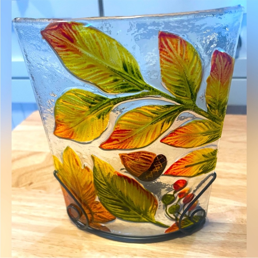 Painted Glass Candle Holder Fall Colored Leaves
